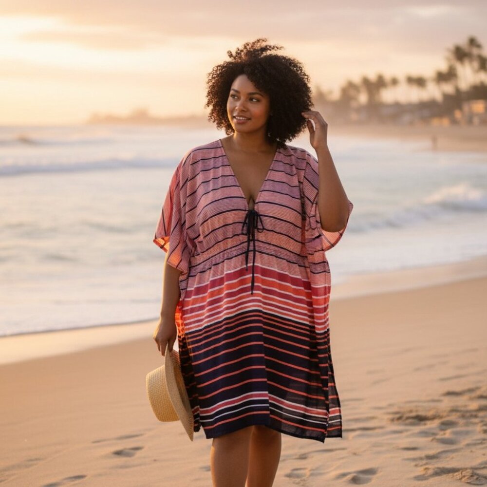 Michael Kors Striped Red, White, Blue Sheer Cover Up Swimwear Size Medium